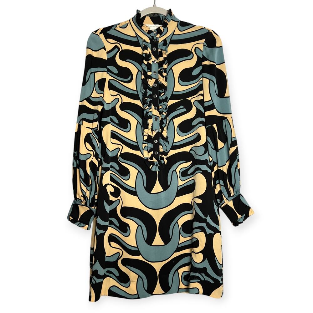 Diane Von Furstensberg Eavan Silk Sheath Mini Dress Womens 4 Blue Yellow FLAWS